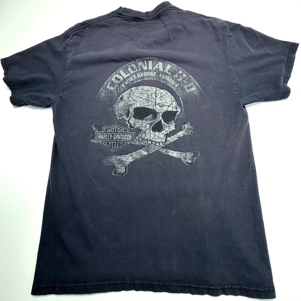 Vintage Harley Davidson Colonial Virginia Skull T Shirt Mens M Faded Black